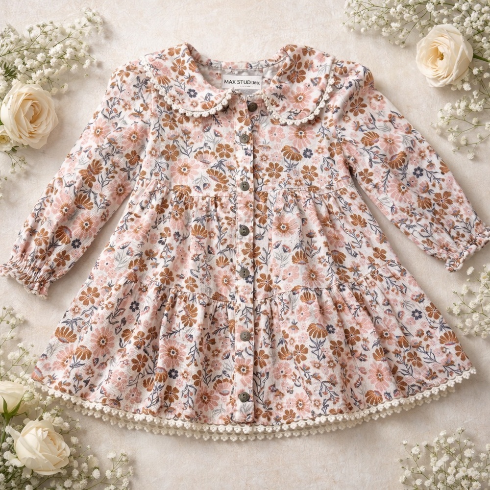Max Studio Kids Floral Cotton Dress Scalloped Collar Pom Trim Size 12M